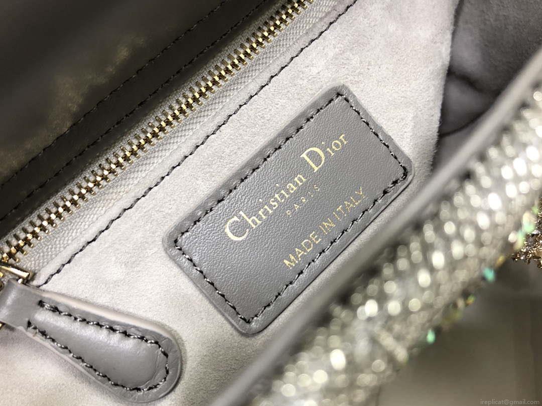 Dior M0505 Mini Dior Lady Bag Metallic Calfskin and Satin with Gray Resin Pearl Embroidery