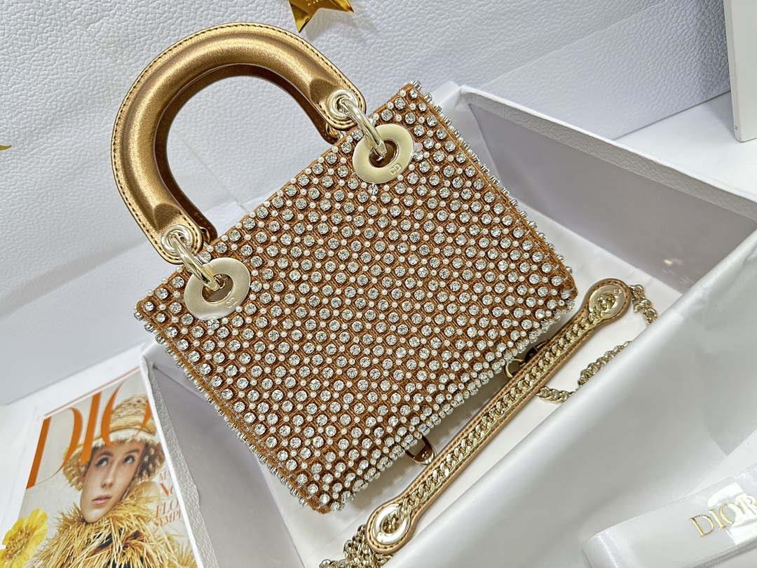 Dior M0505 Mini Dior Lady Bag Gold Embroidered white resin beads