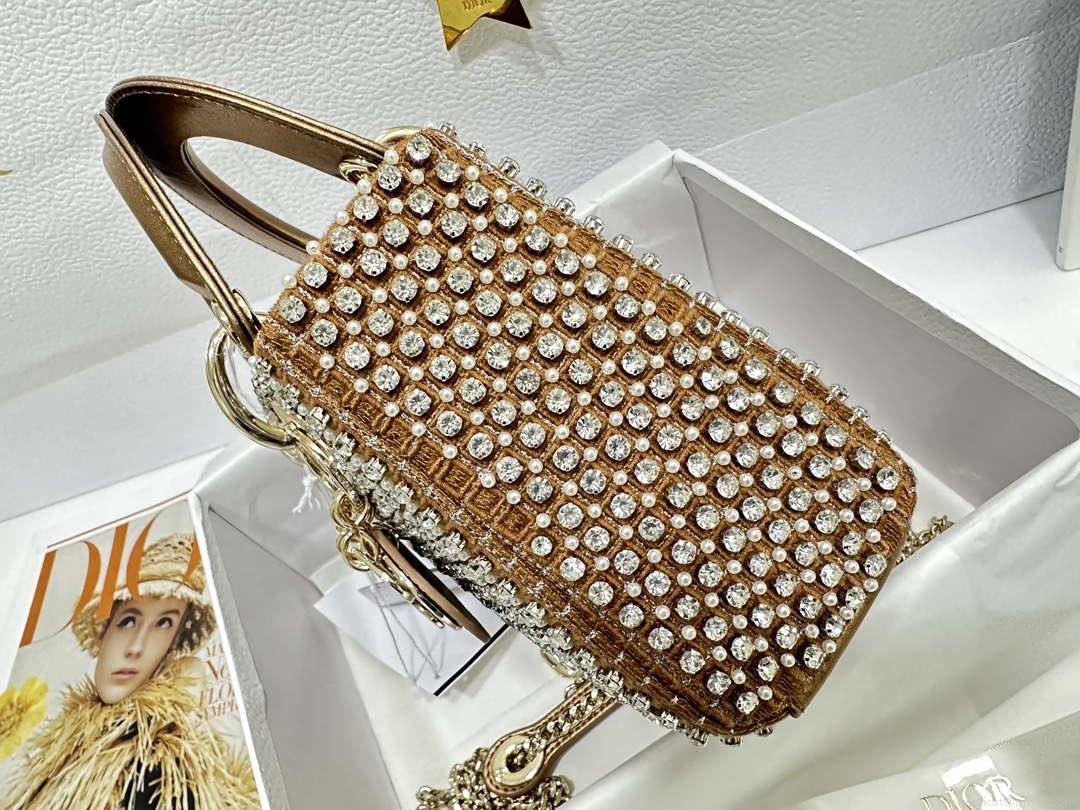 Dior M0505 Mini Dior Lady Bag Gold Embroidered white resin beads