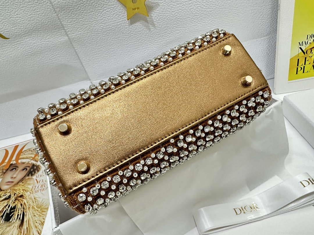Dior M0505 Mini Dior Lady Bag Gold Embroidered white resin beads
