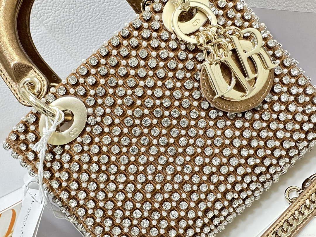 Dior M0505 Mini Dior Lady Bag Gold Embroidered white resin beads