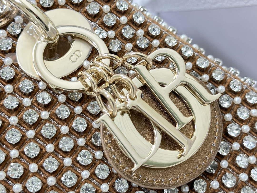 Dior M0505 Mini Dior Lady Bag Gold Embroidered white resin beads