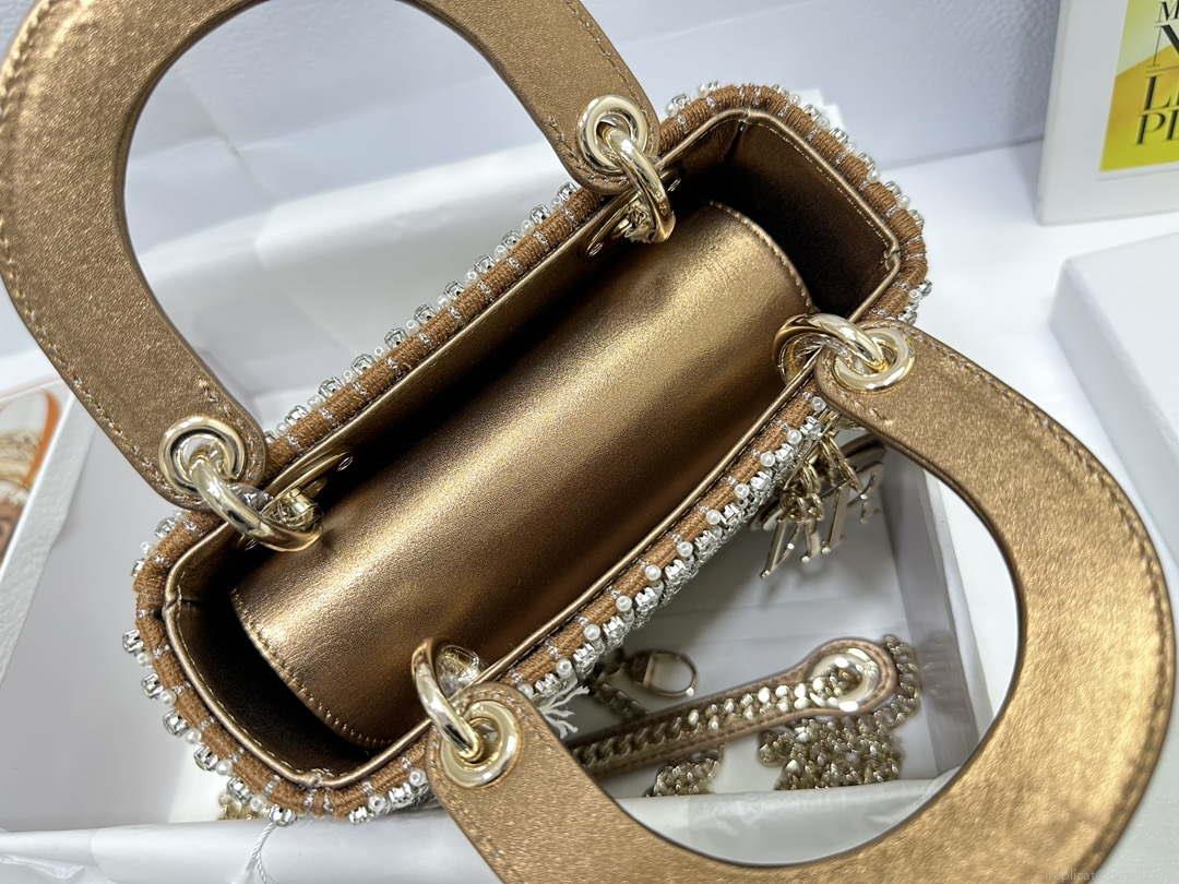 Dior M0505 Mini Dior Lady Bag Gold Embroidered white resin beads