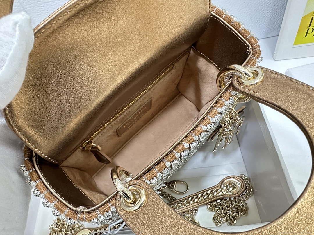 Dior M0505 Mini Dior Lady Bag Gold Embroidered white resin beads