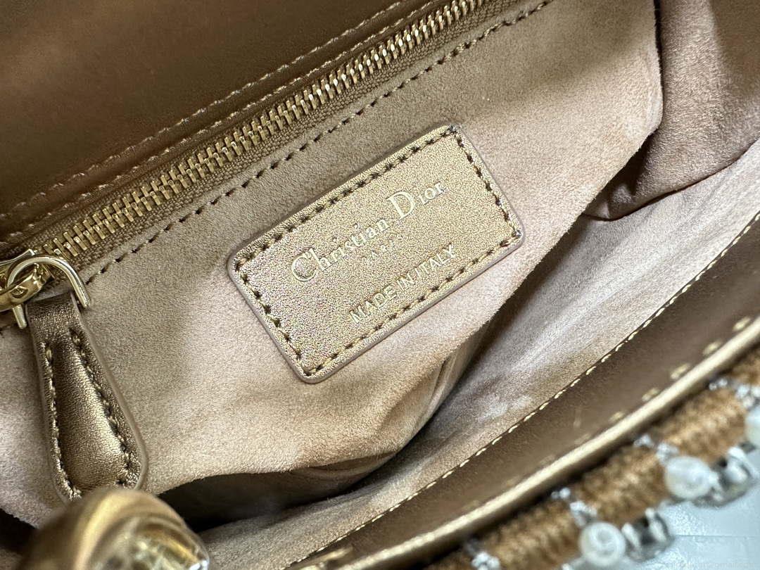 Dior M0505 Mini Dior Lady Bag Gold Embroidered white resin beads