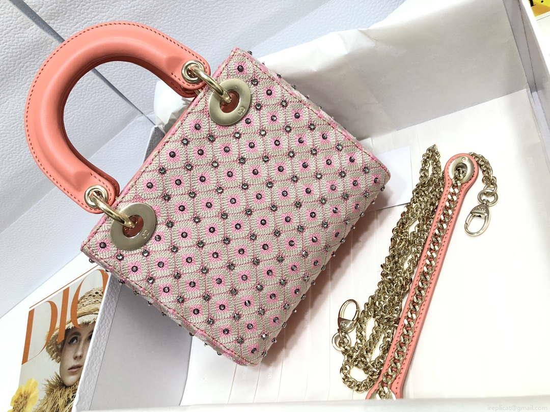 Dior M0505 Mini Dior Lady Bag Pink Metallic Cannage Lambskin with Embroidered Check Beads