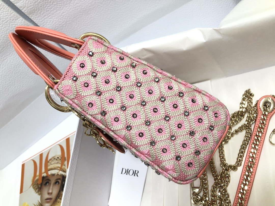 Dior M0505 Mini Dior Lady Bag Pink Metallic Cannage Lambskin with Embroidered Check Beads