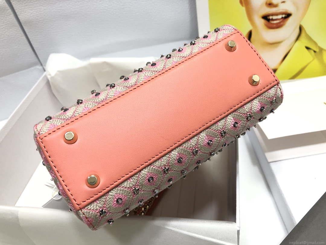 Dior M0505 Mini Dior Lady Bag Pink Metallic Cannage Lambskin with Embroidered Check Beads