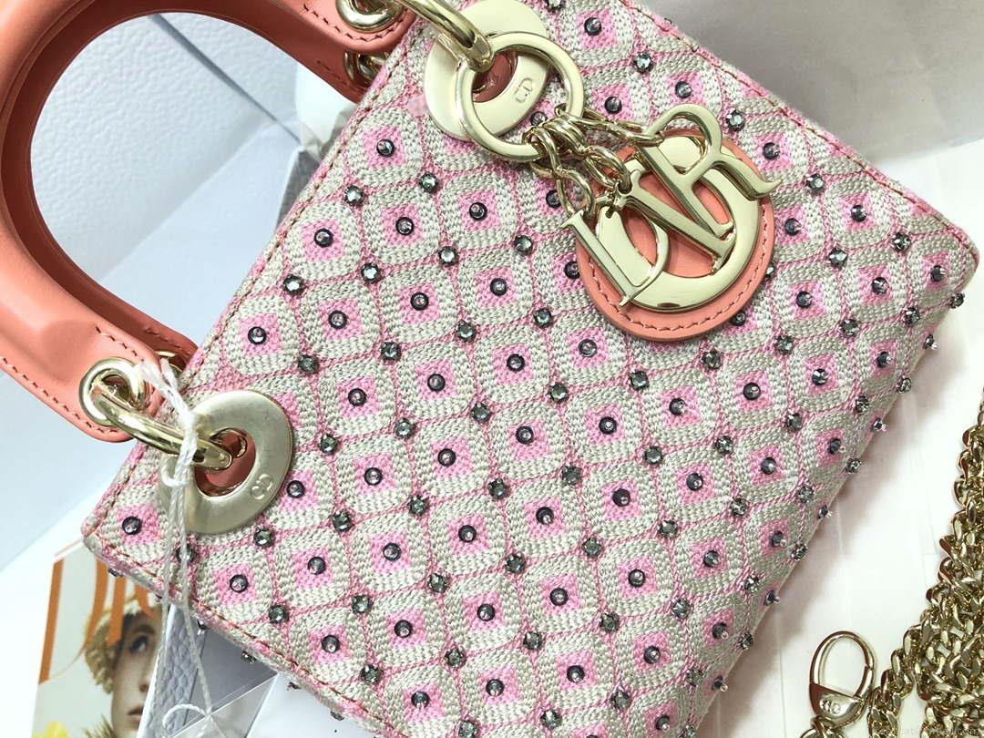 Dior M0505 Mini Dior Lady Bag Pink Metallic Cannage Lambskin with Embroidered Check Beads