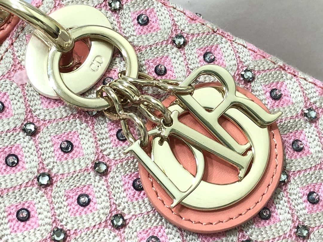 Dior M0505 Mini Dior Lady Bag Pink Metallic Cannage Lambskin with Embroidered Check Beads