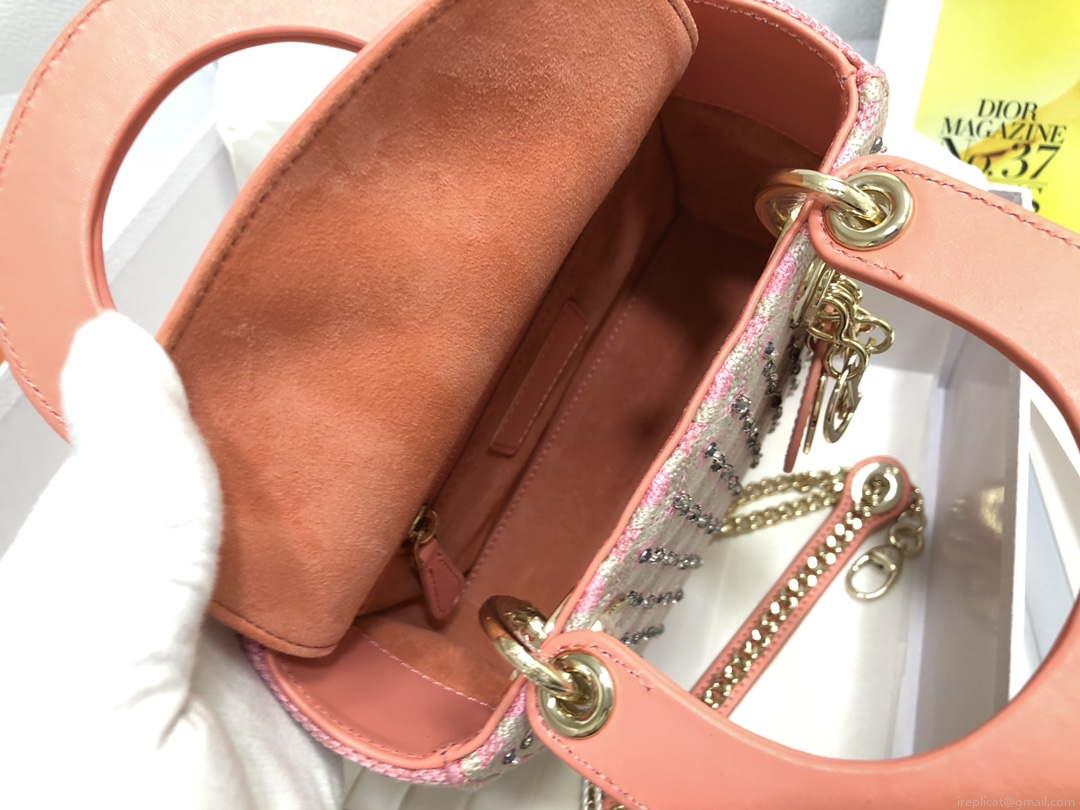 Dior M0505 Mini Dior Lady Bag Pink Metallic Cannage Lambskin with Embroidered Check Beads