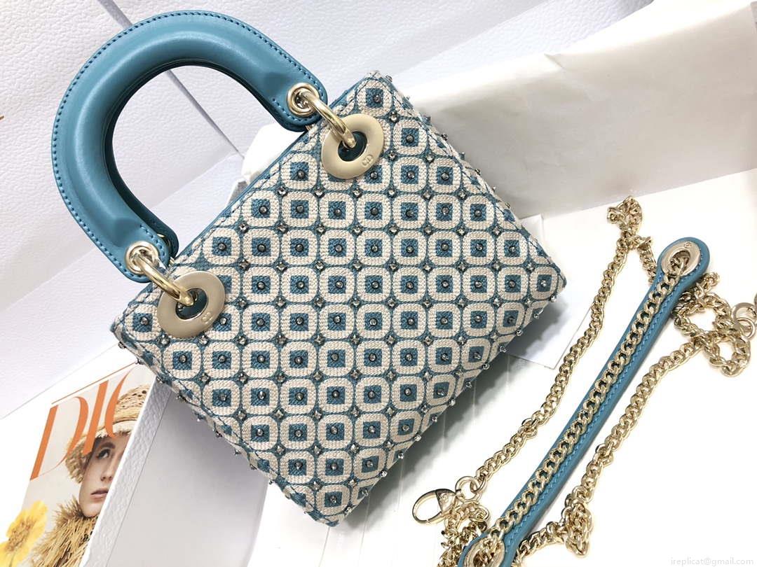 Dior M0505 Mini Dior Lady Bag Blue Metallic Cannage Lambskin with Embroidered Check Beads