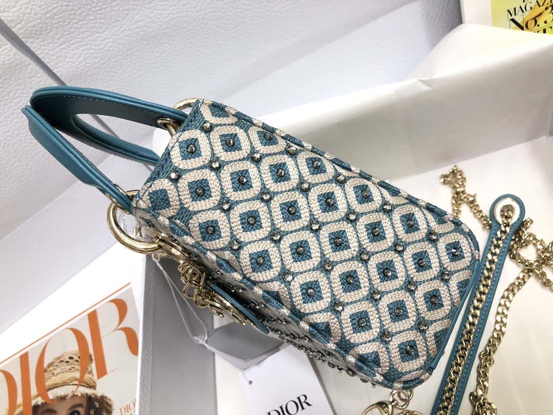 Dior M0505 Mini Dior Lady Bag Blue Metallic Cannage Lambskin with Embroidered Check Beads