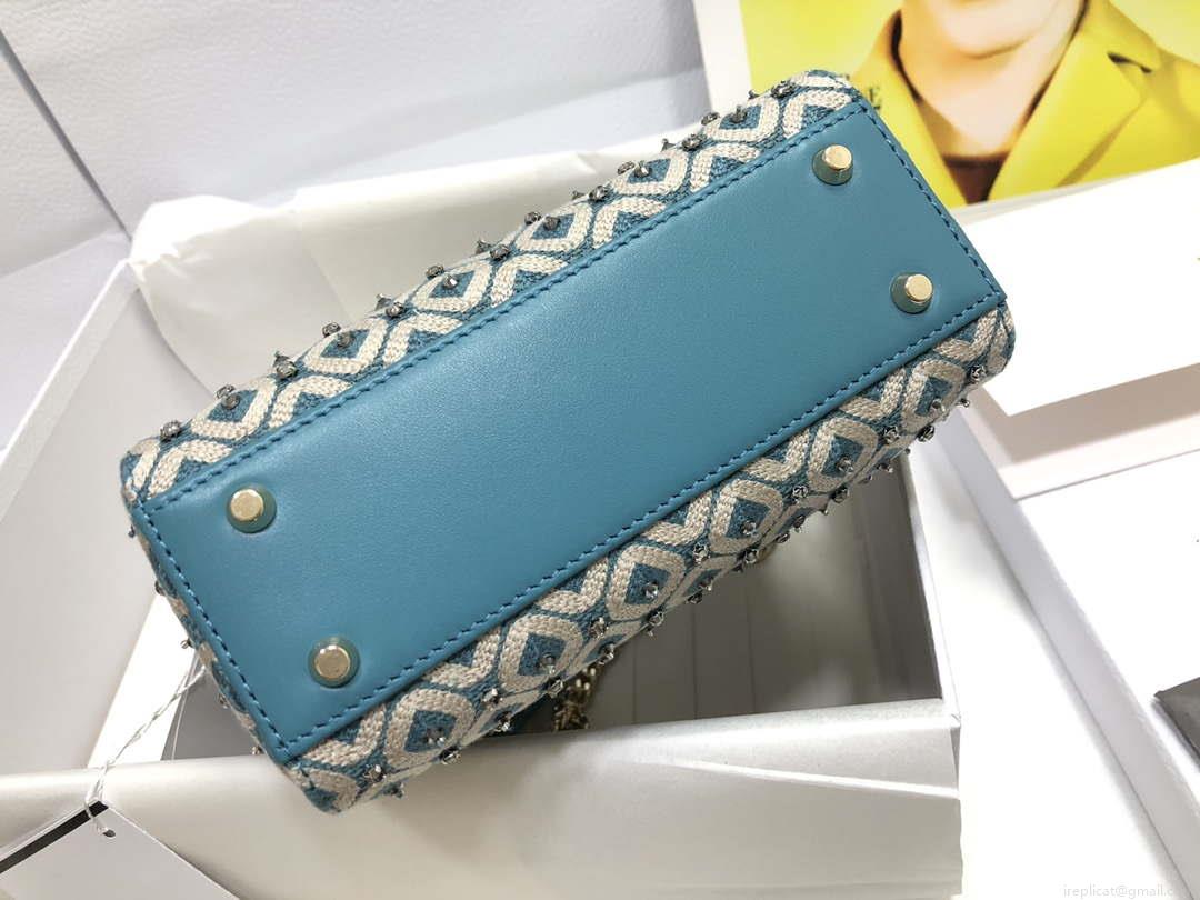 Dior M0505 Mini Dior Lady Bag Blue Metallic Cannage Lambskin with Embroidered Check Beads