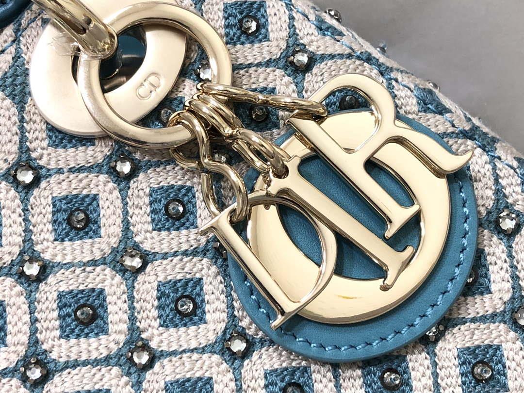 Dior M0505 Mini Dior Lady Bag Blue Metallic Cannage Lambskin with Embroidered Check Beads