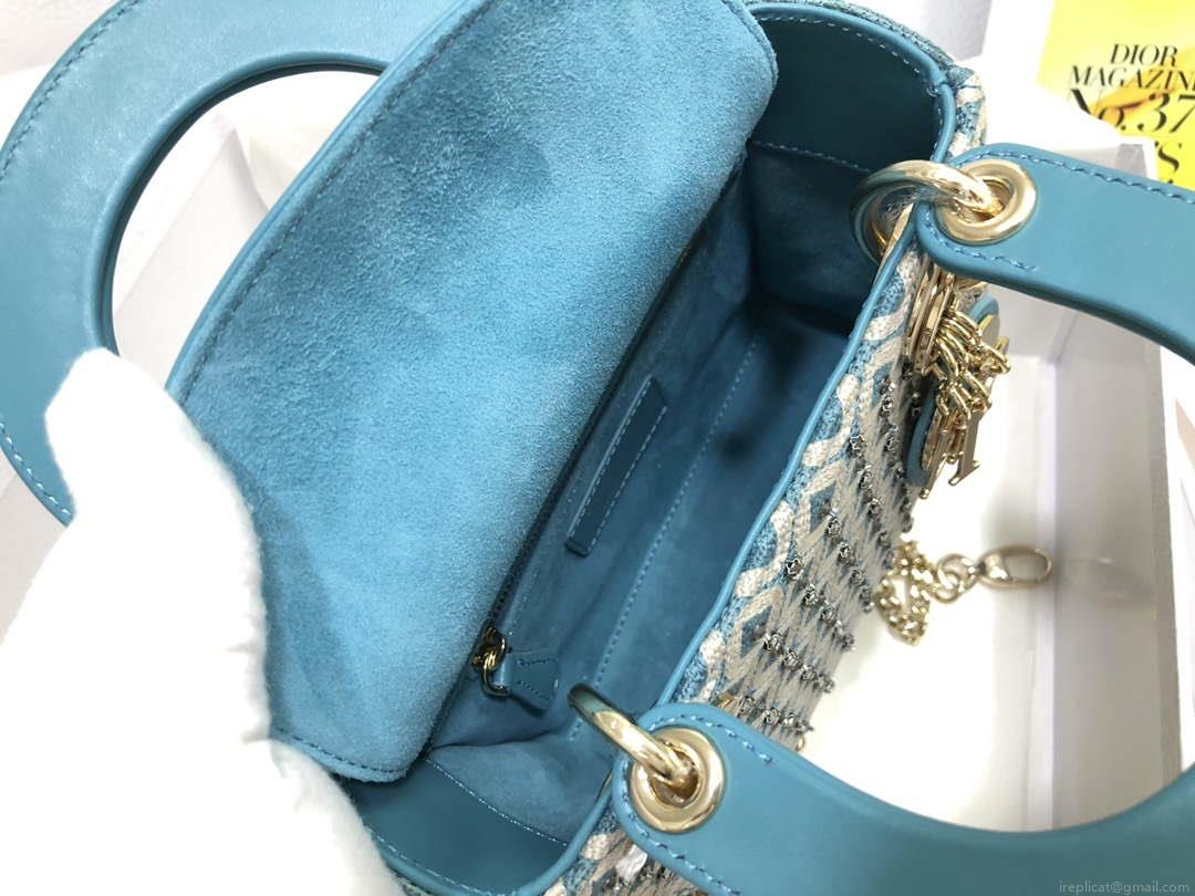 Dior M0505 Mini Dior Lady Bag Blue Metallic Cannage Lambskin with Embroidered Check Beads