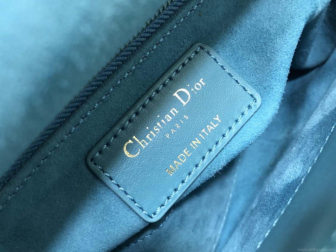 Dior M0505 Mini Dior Lady Bag Blue Metallic Cannage Lambskin with Embroidered Check Beads