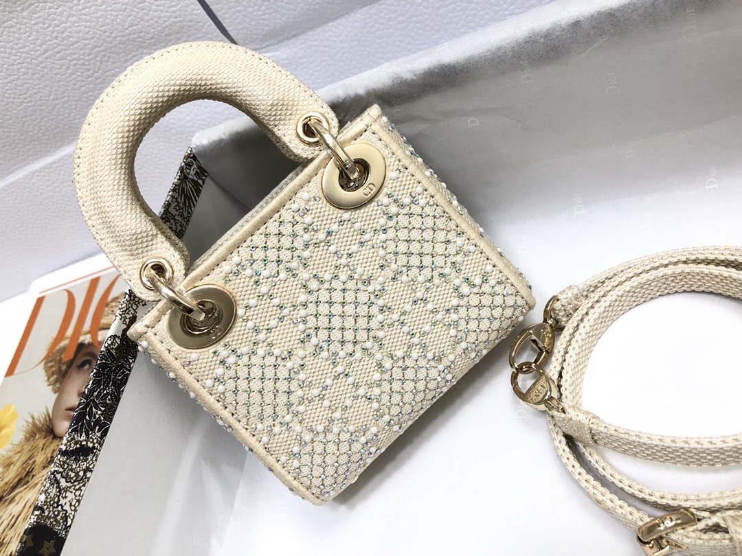 Dior M0505 Mini Dior Lady Bag Apricot Metallic Cannage Lambskin with Embroidered Beads