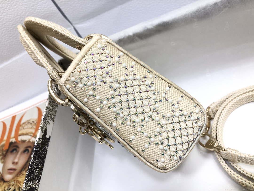 Dior M0505 Mini Dior Lady Bag Apricot Metallic Cannage Lambskin with Embroidered Beads