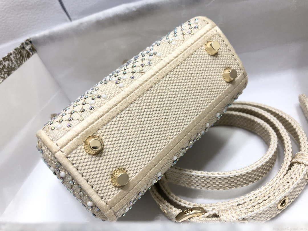 Dior M0505 Mini Dior Lady Bag Apricot Metallic Cannage Lambskin with Embroidered Beads