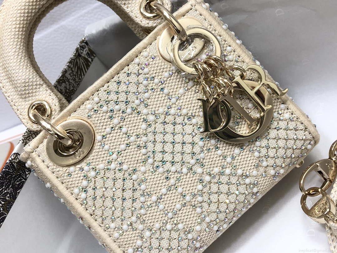 Dior M0505 Mini Dior Lady Bag Apricot Metallic Cannage Lambskin with Embroidered Beads