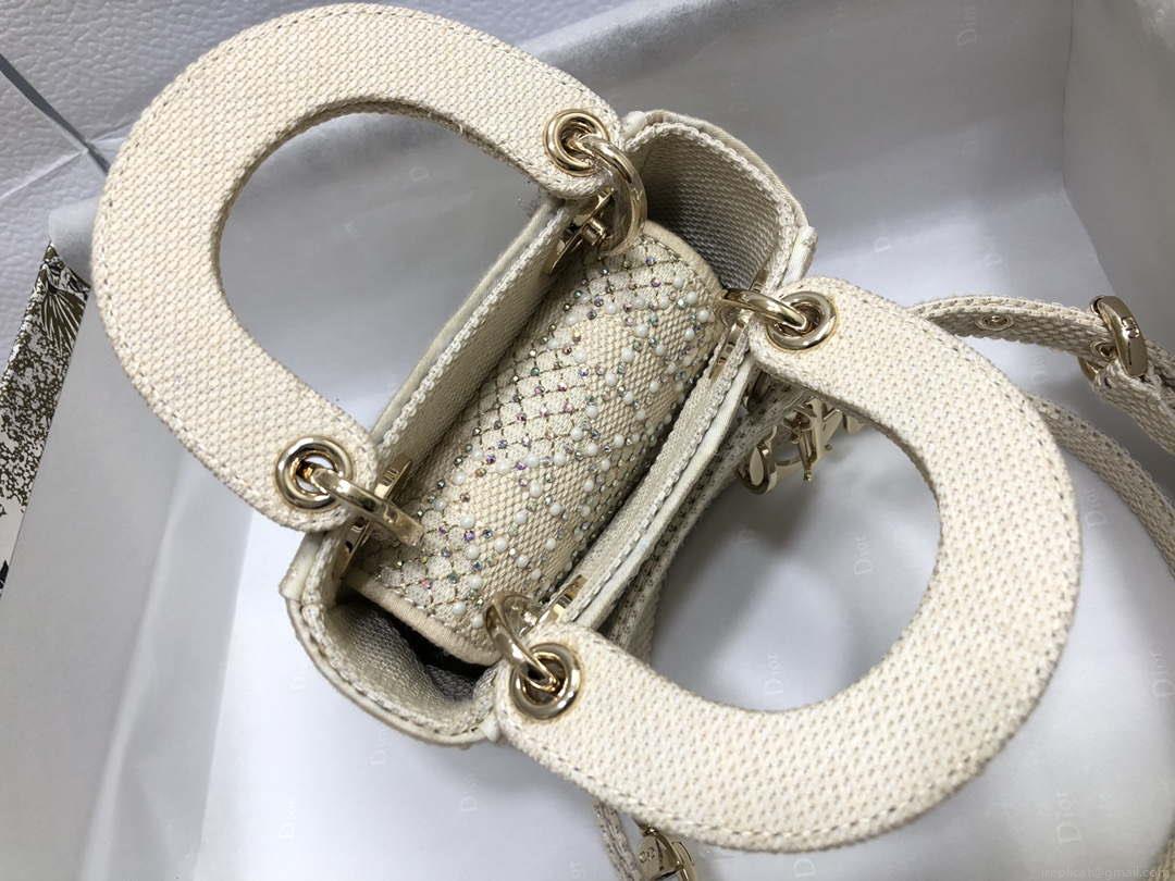 Dior M0505 Mini Dior Lady Bag Apricot Metallic Cannage Lambskin with Embroidered Beads