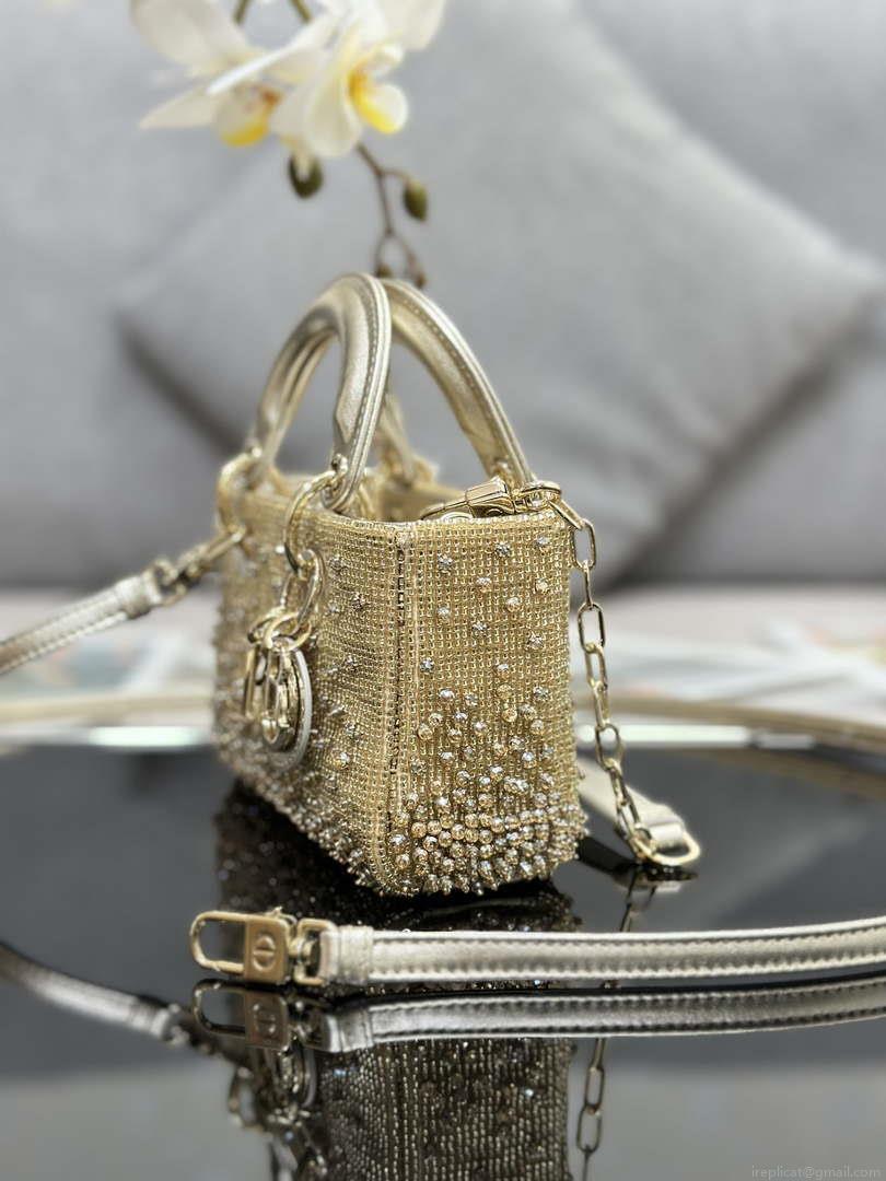 Dior S0910 Micro Lady D-joy Bag Gold-Tone Satin with Gradient Bead Embroidery