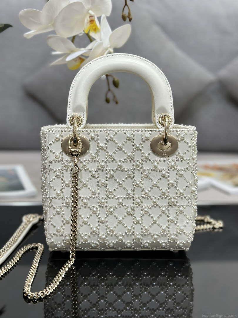 Dior M0505 Mini Lady Bag White Embroidered half pearl