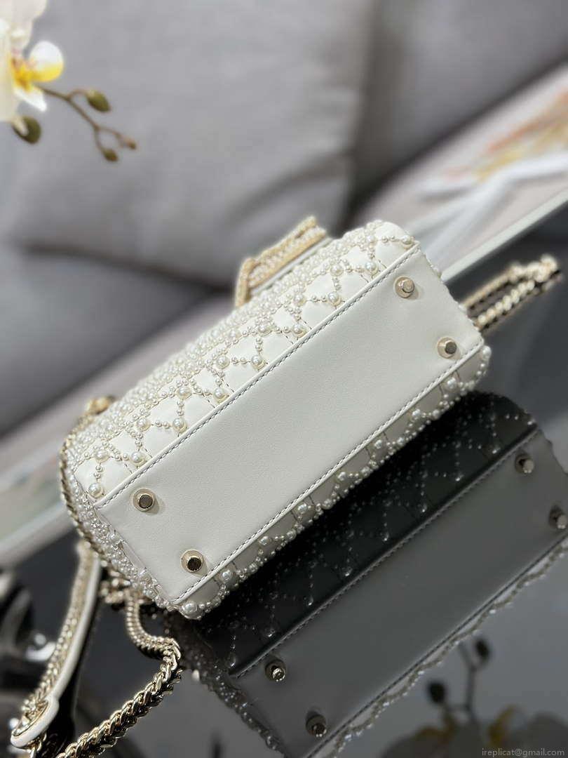 Dior M0505 Mini Lady Bag White Embroidered half pearl