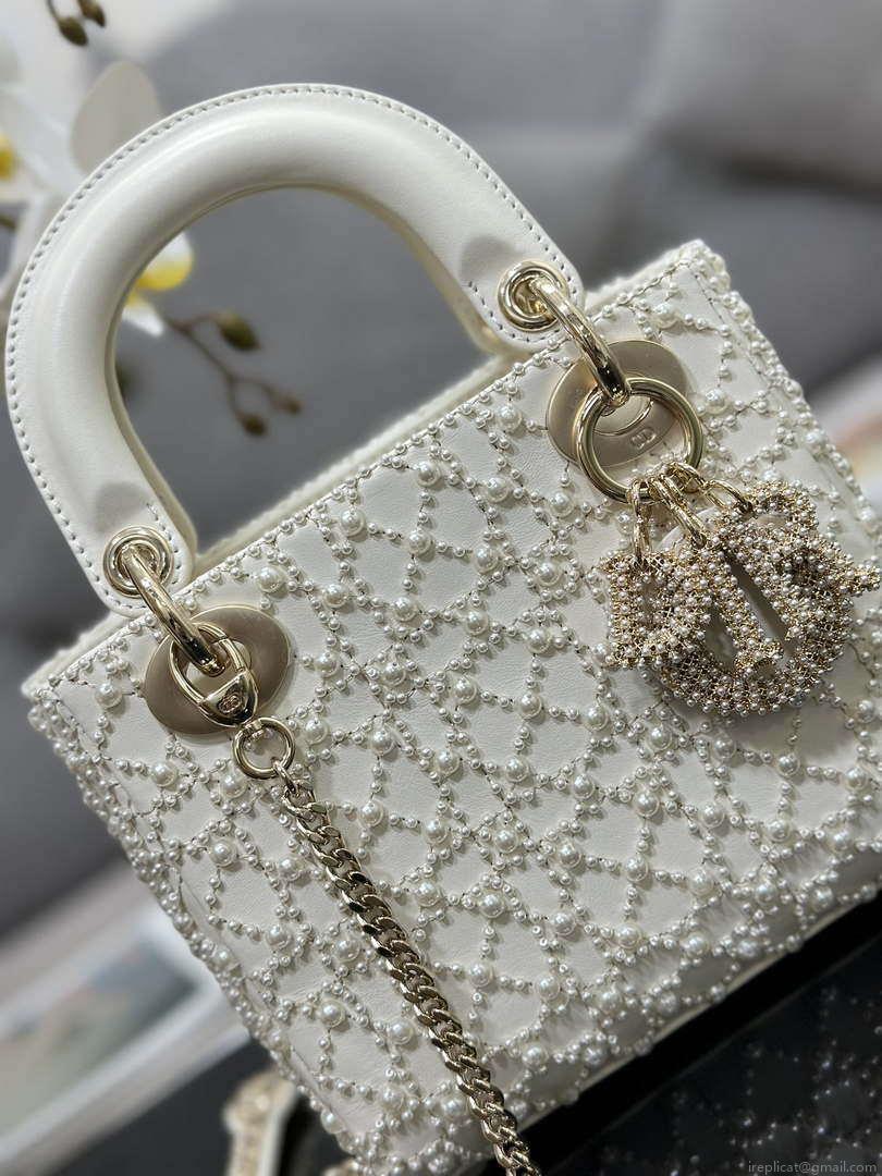 Dior M0505 Mini Lady Bag White Embroidered half pearl