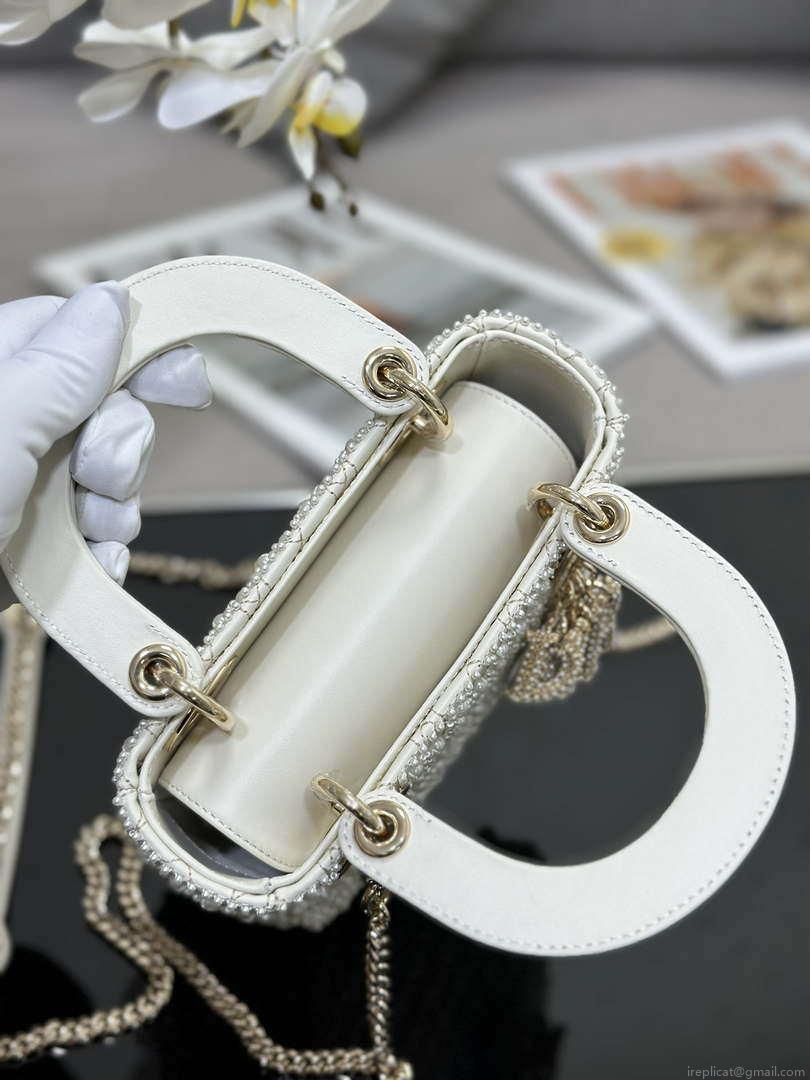 Dior M0505 Mini Lady Bag White Embroidered half pearl