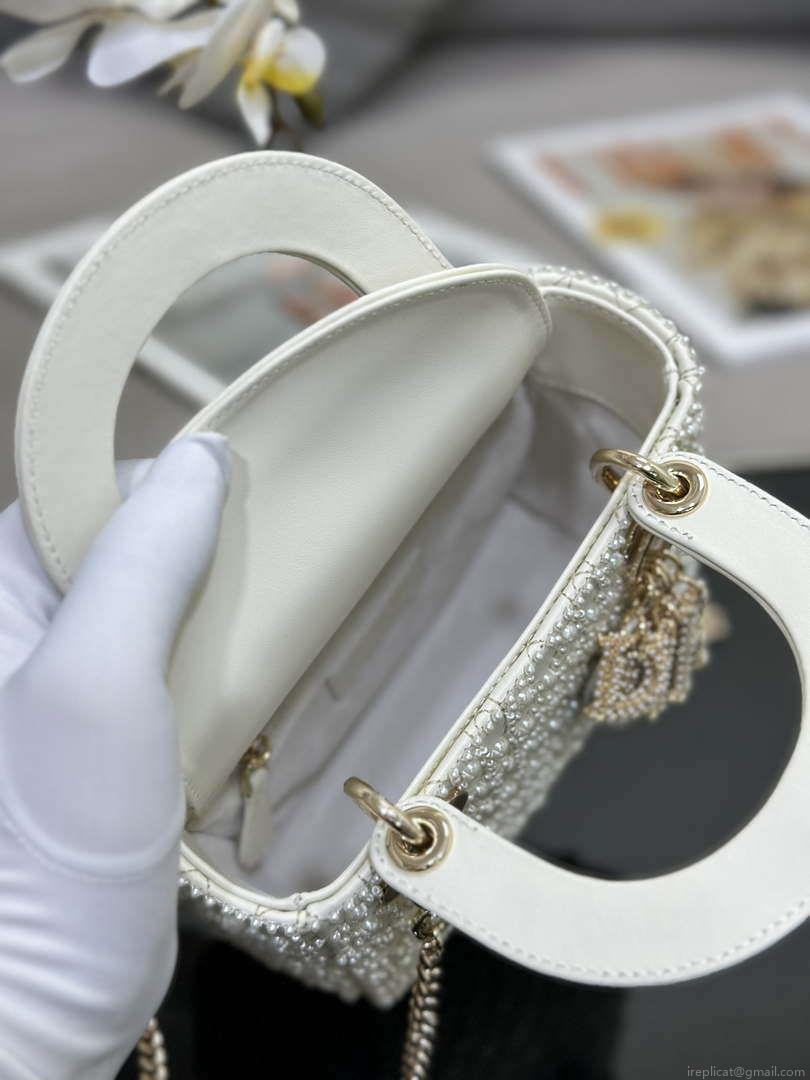 Dior M0505 Mini Lady Bag White Embroidered half pearl