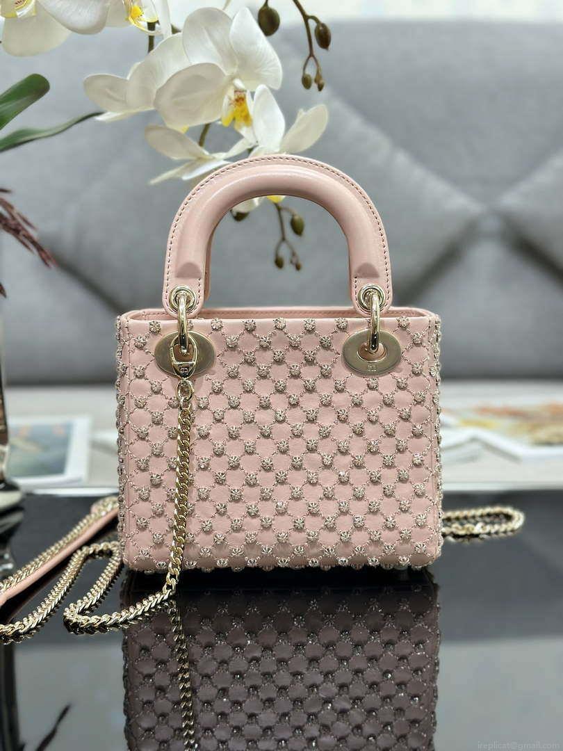 Dior M0505 Mini Lady Bag Metallic Cannage Lambskin Embroidery plum blossom beads Pink