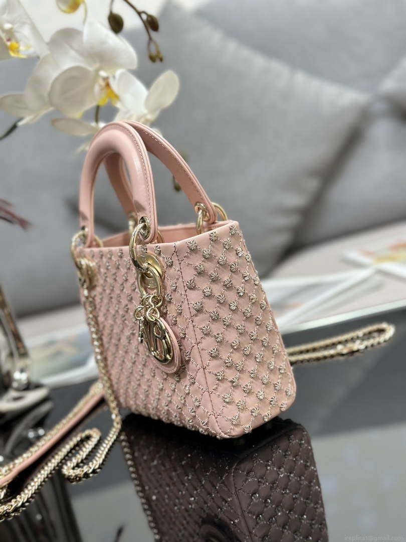 Dior M0505 Mini Lady Bag Metallic Cannage Lambskin Embroidery plum blossom beads Pink