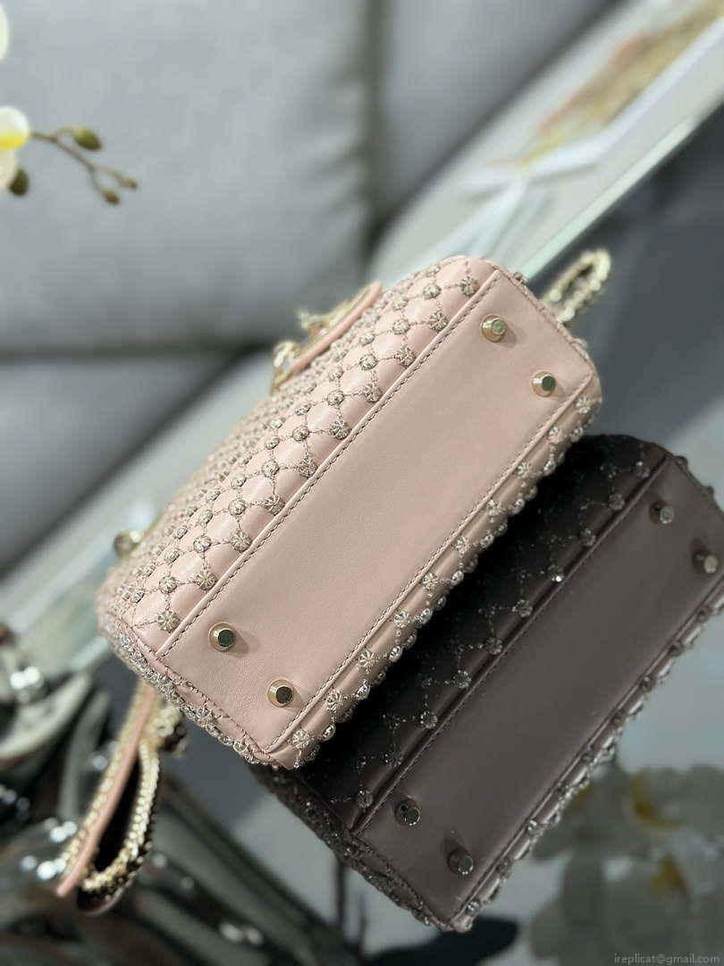 Dior M0505 Mini Lady Bag Metallic Cannage Lambskin Embroidery plum blossom beads Pink