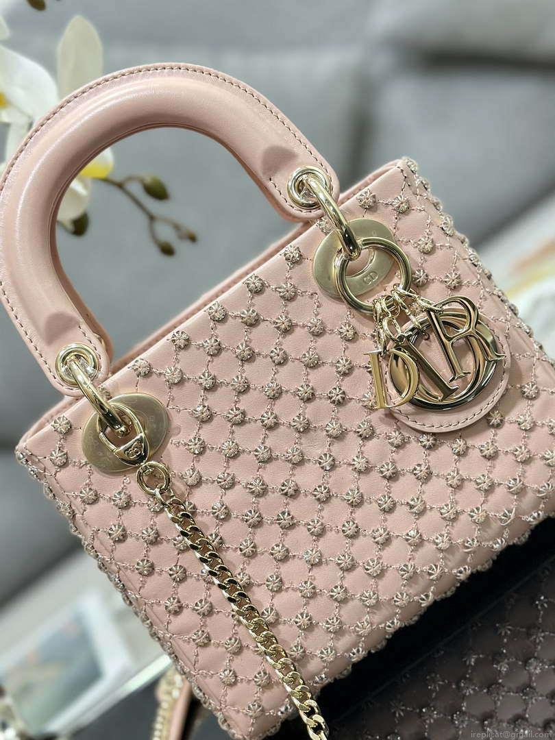 Dior M0505 Mini Lady Bag Metallic Cannage Lambskin Embroidery plum blossom beads Pink
