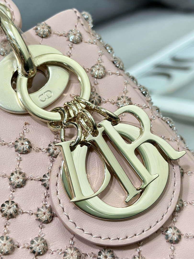 Dior M0505 Mini Lady Bag Metallic Cannage Lambskin Embroidery plum blossom beads Pink