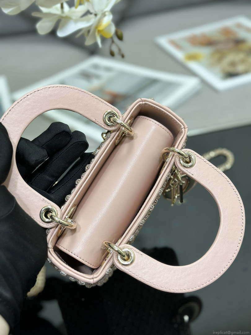 Dior M0505 Mini Lady Bag Metallic Cannage Lambskin Embroidery plum blossom beads Pink