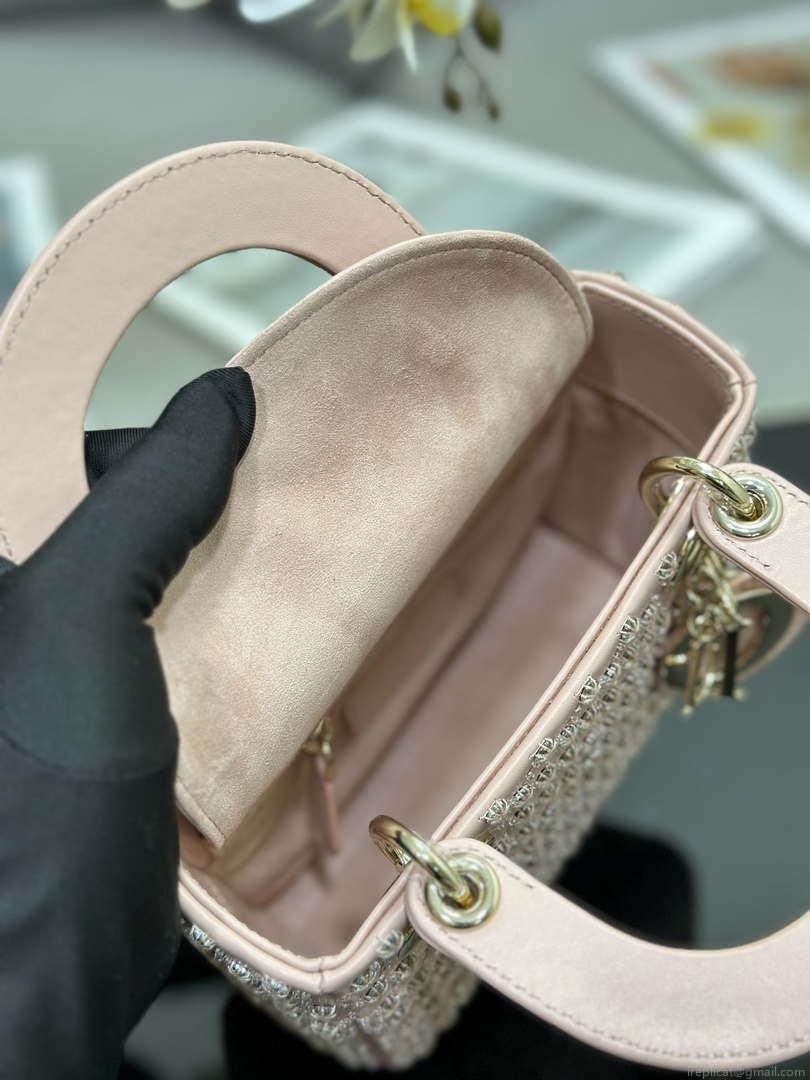 Dior M0505 Mini Lady Bag Metallic Cannage Lambskin Embroidery plum blossom beads Pink