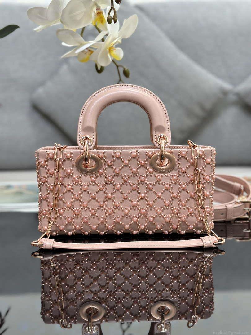 Dior M0613 Small Lady D-joy Bag Blue Cannage Lambskin Embroidered half pearl rose gold