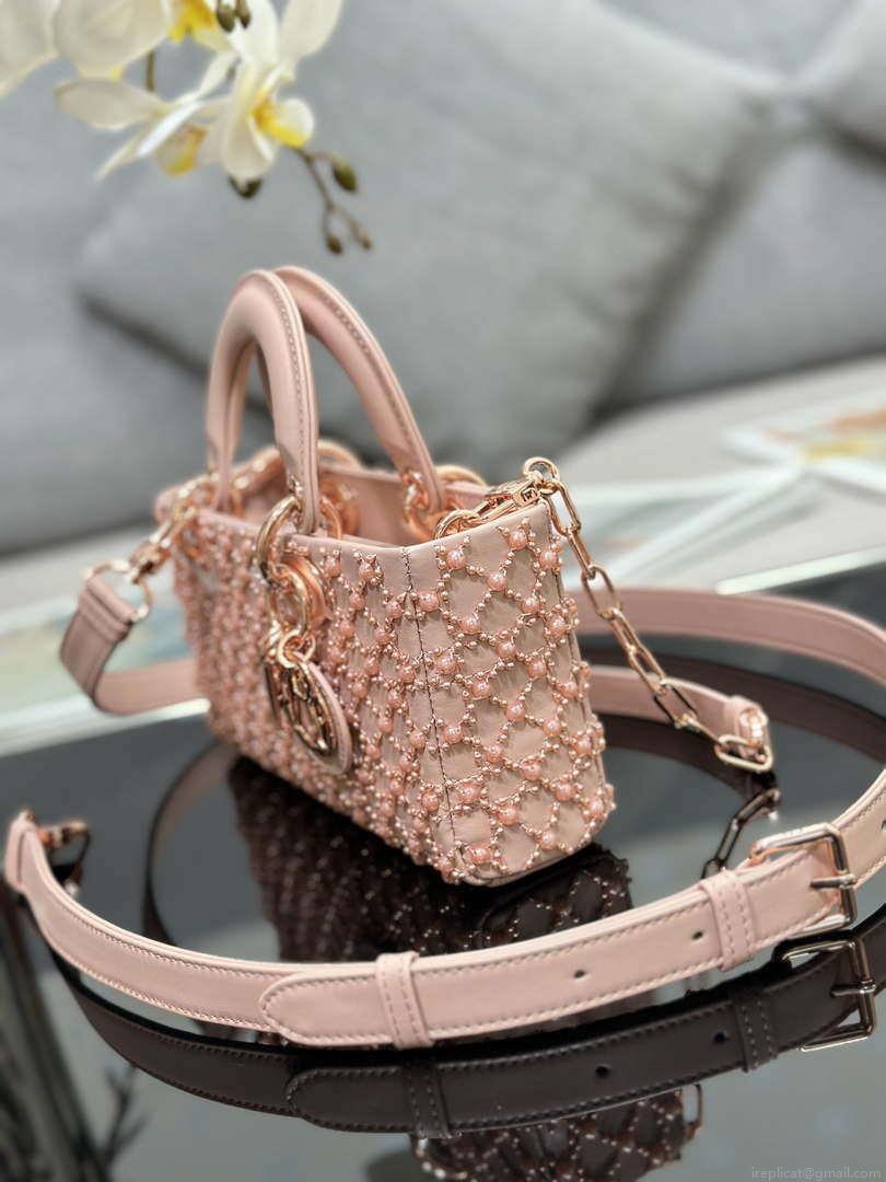 Dior M0613 Small Lady D-joy Bag Blue Cannage Lambskin Embroidered half pearl rose gold