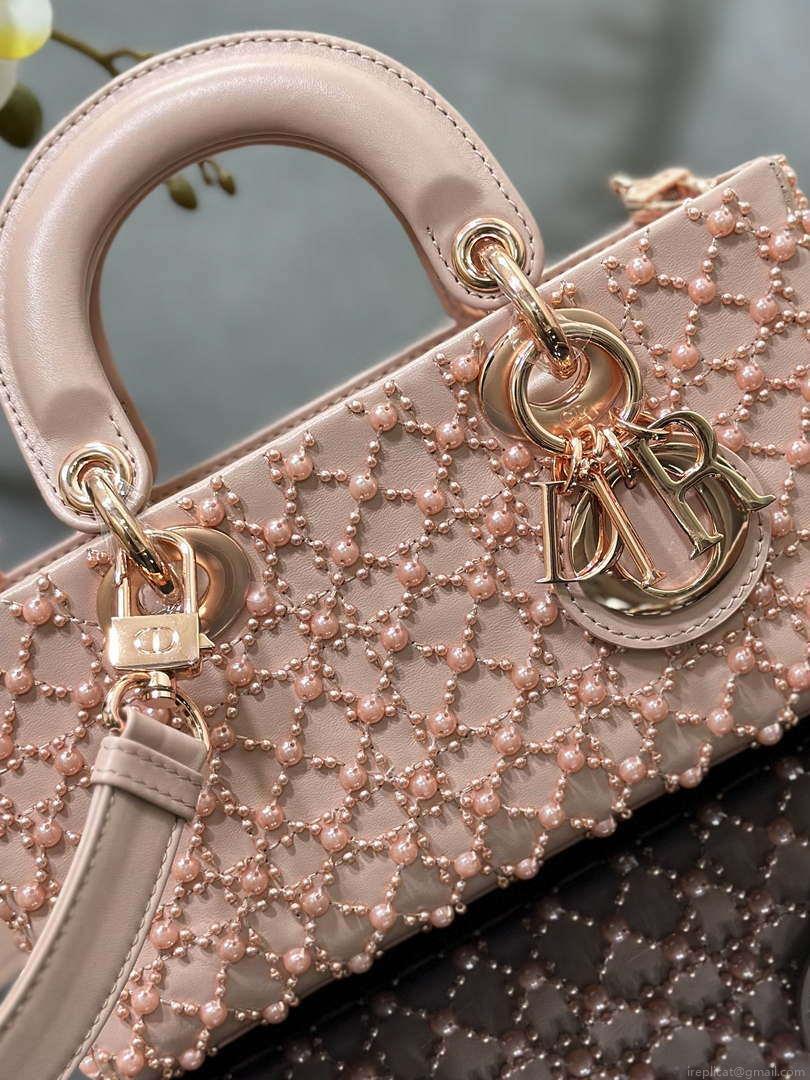 Dior M0613 Small Lady D-joy Bag Blue Cannage Lambskin Embroidered half pearl rose gold