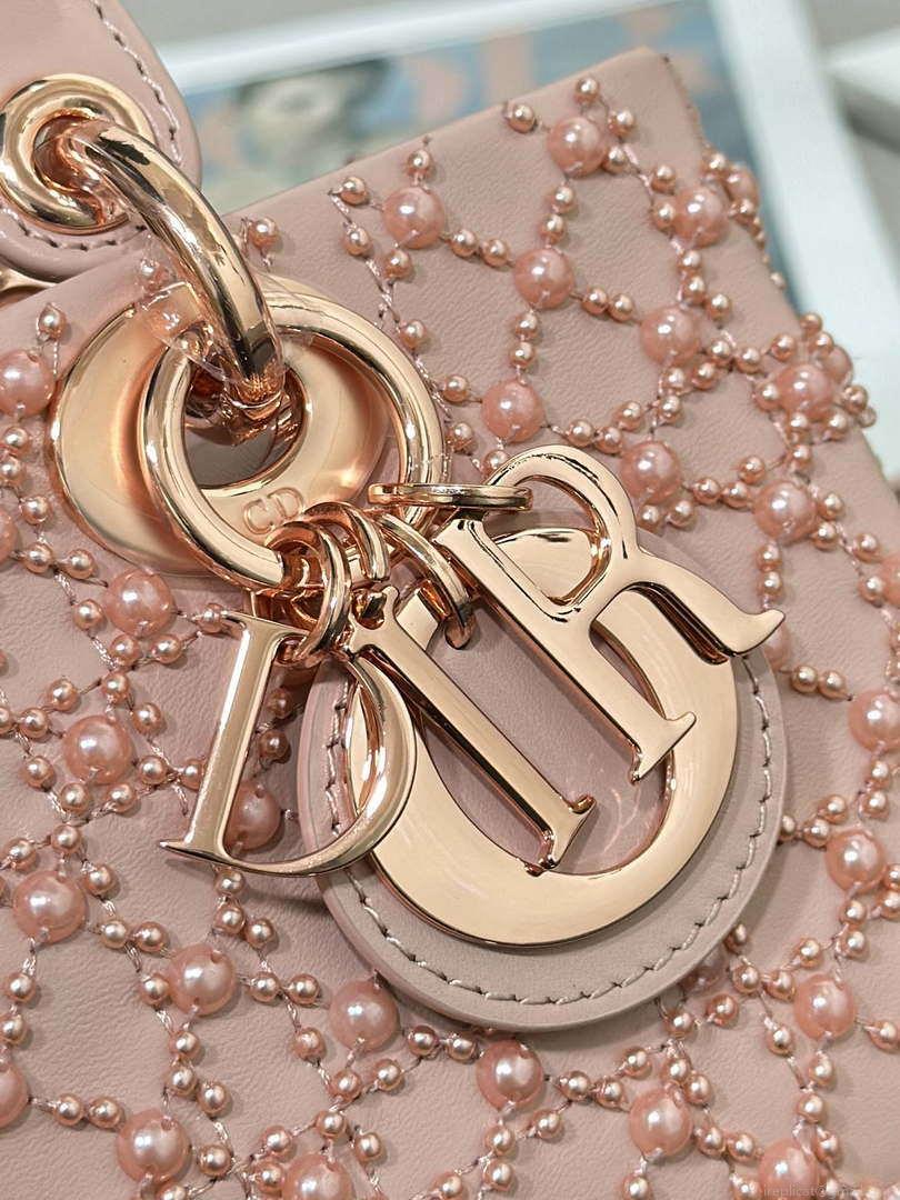 Dior M0613 Small Lady D-joy Bag Blue Cannage Lambskin Embroidered half pearl rose gold