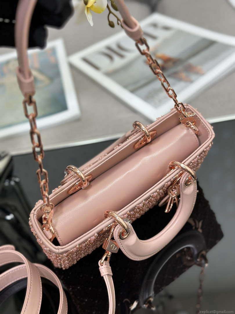 Dior M0613 Small Lady D-joy Bag Blue Cannage Lambskin Embroidered half pearl rose gold