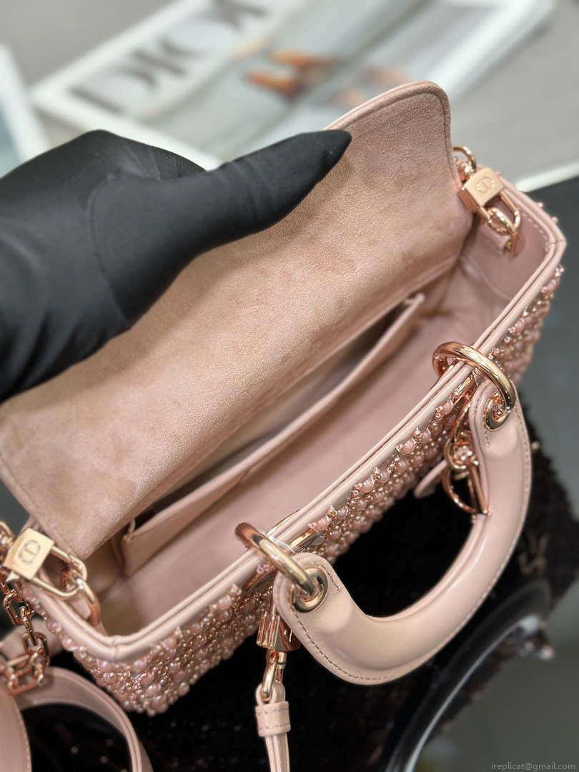 Dior M0613 Small Lady D-joy Bag Blue Cannage Lambskin Embroidered half pearl rose gold