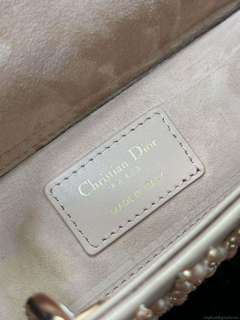 Dior M0613 Small Lady D-joy Bag Blue Cannage Lambskin Embroidered half pearl rose gold