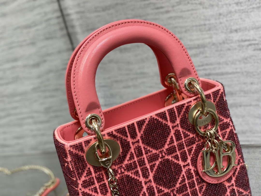 Dior M0505 Mini Lady Bag Metallic Cannage Lambskin Limited Edition Heavy Industry Beads Red