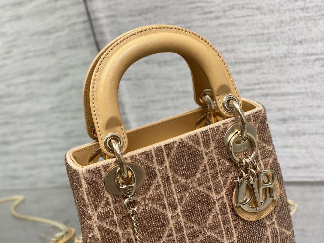 Dior M0505 Mini Lady Bag Metallic Cannage Lambskin Limited Edition Heavy Industry Beads Apricot