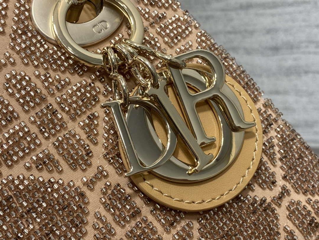 Dior M0505 Mini Lady Bag Metallic Cannage Lambskin Limited Edition Heavy Industry Beads Apricot