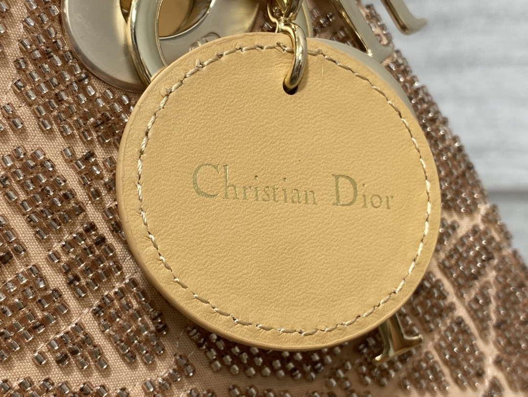 Dior M0505 Mini Lady Bag Metallic Cannage Lambskin Limited Edition Heavy Industry Beads Apricot